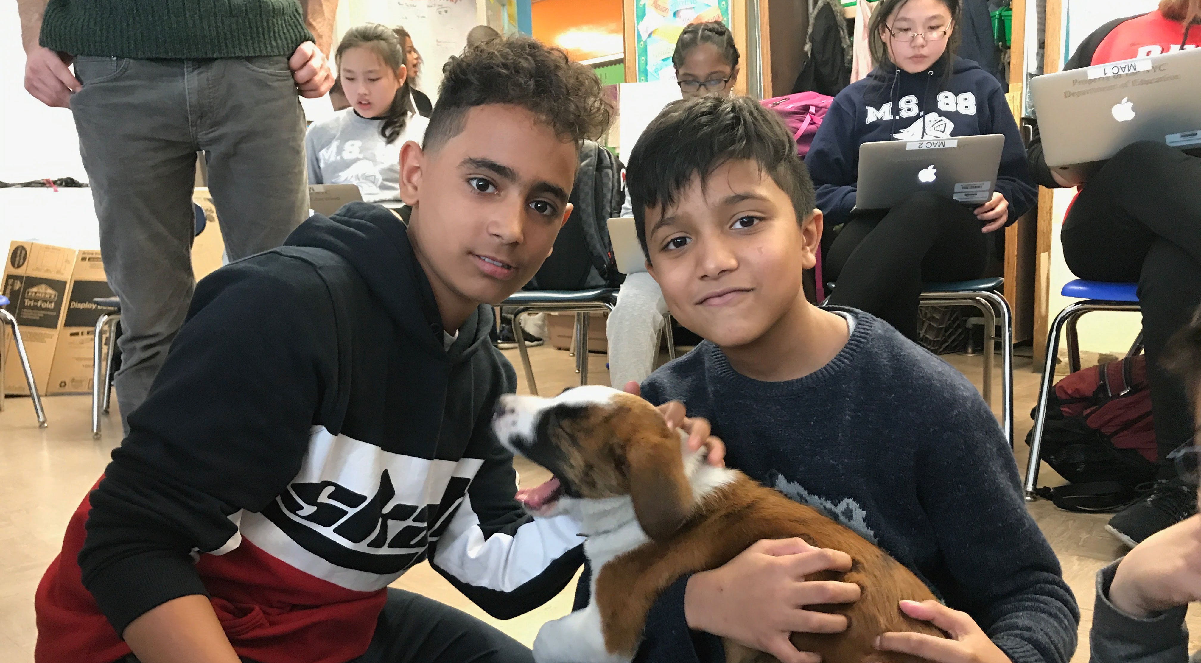 boys with a mutt-i-grees dog